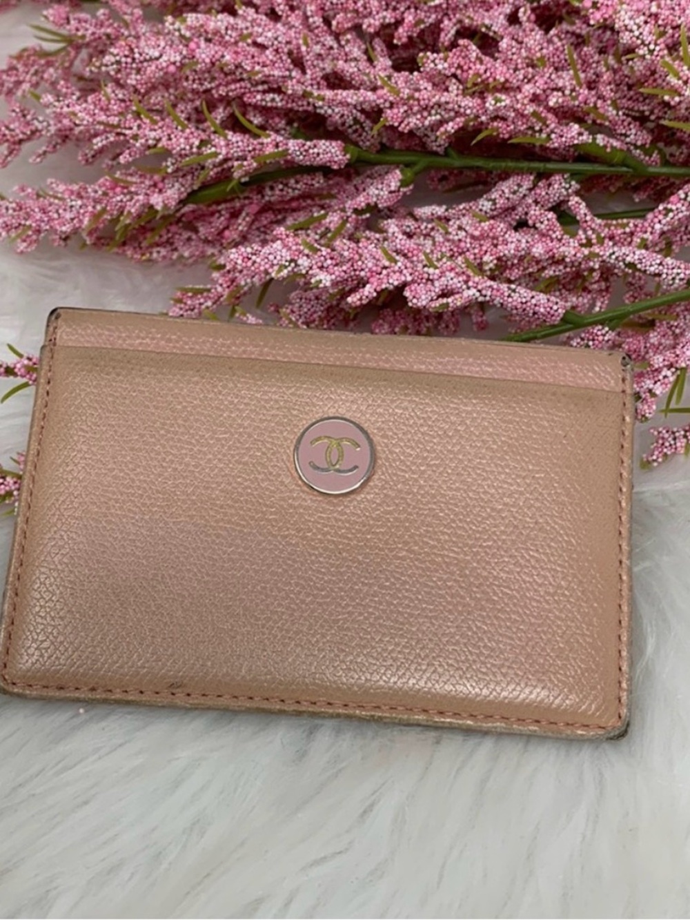 CHANEL Blush Pink Caviar Leather Button Card Holder with CC Medallion